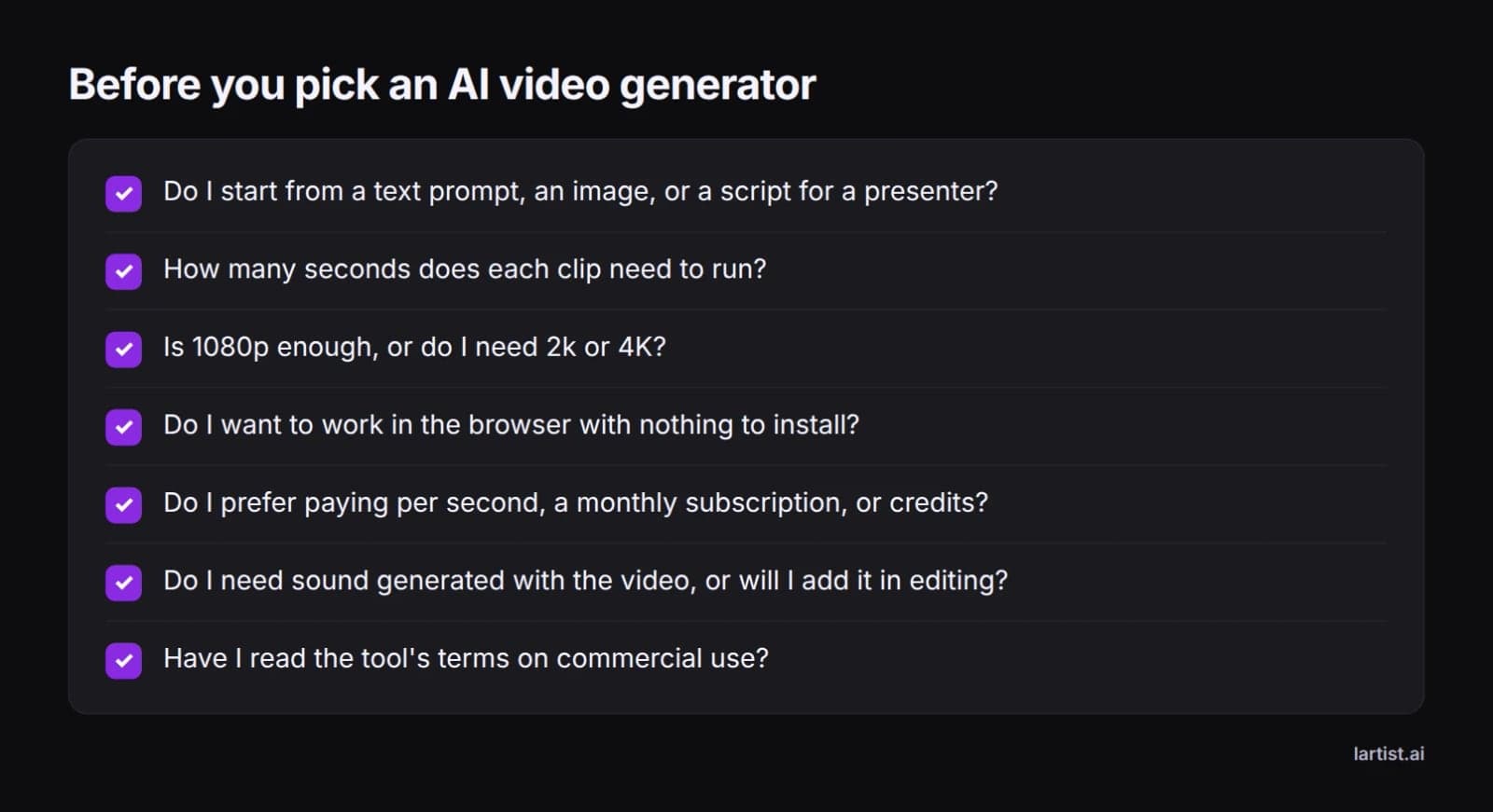 Checklist of questions to answer before choosing an AI video generator