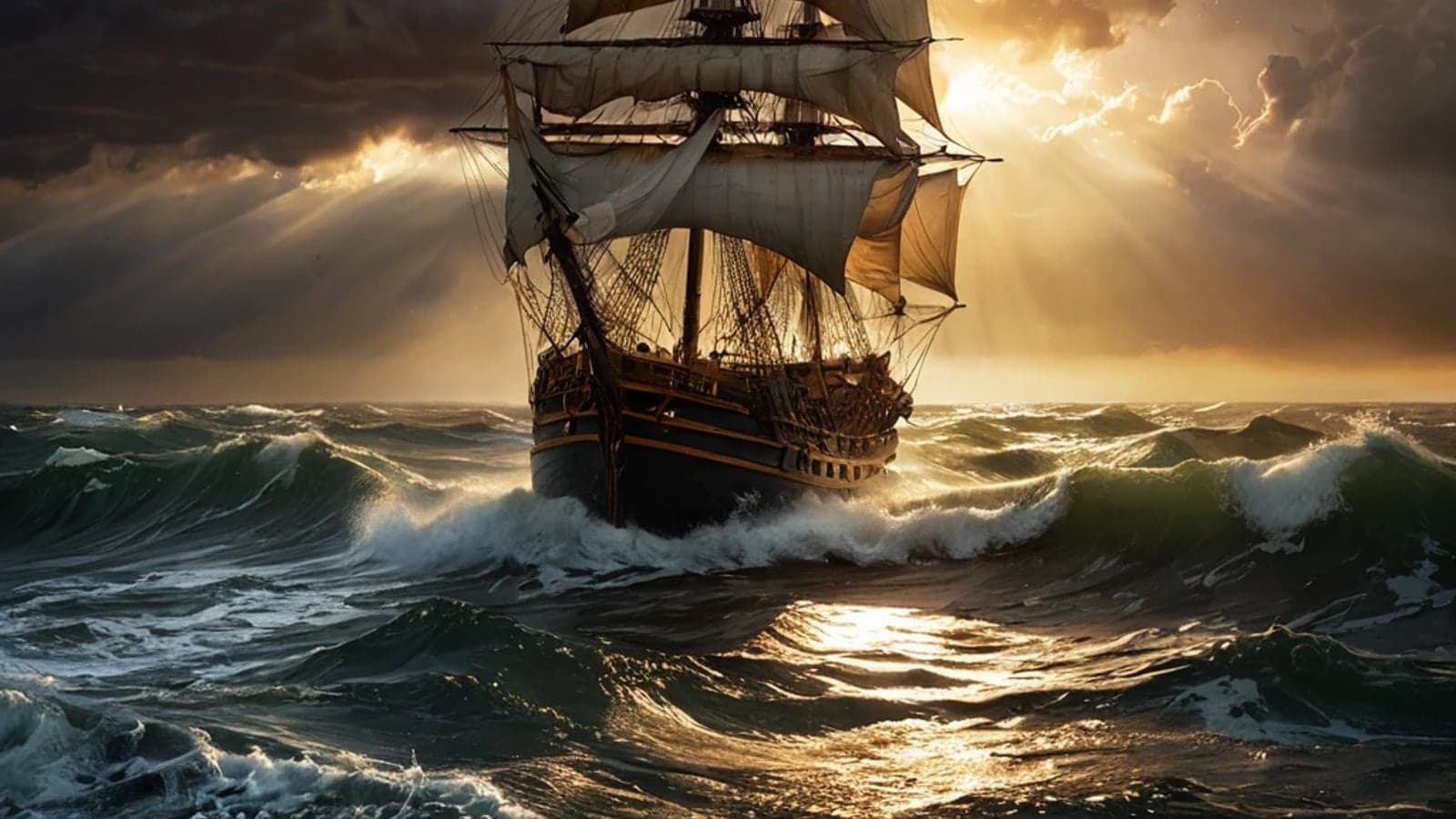 A tall sailing ship on a stormy sea at sunset, made with Lartist
