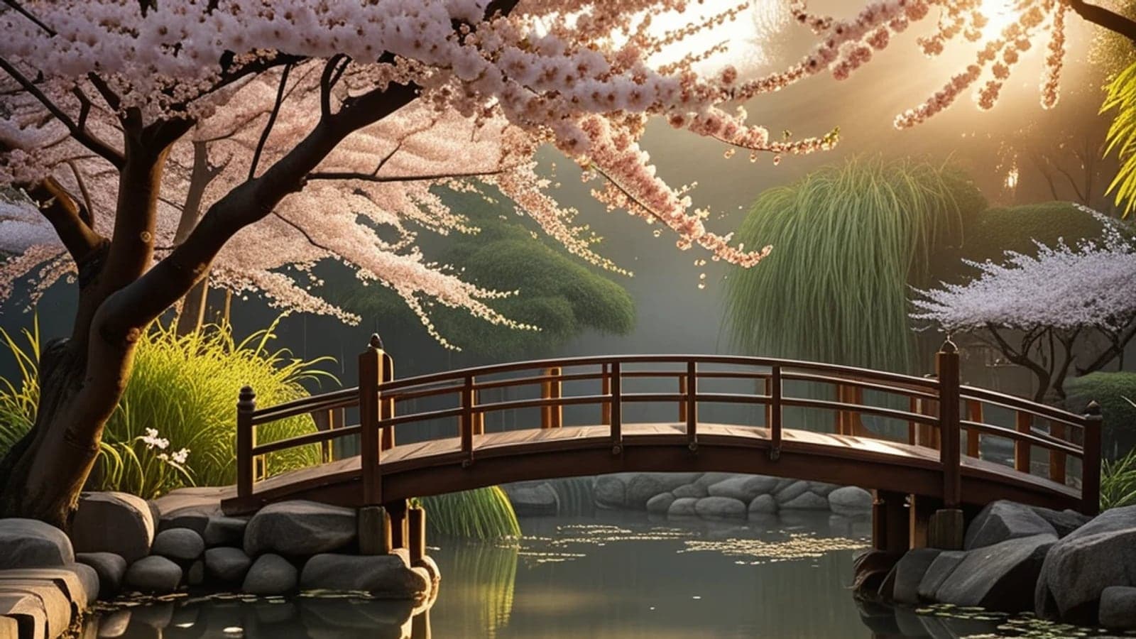 A Japanese garden with a wooden bridge under cherry blossoms, made with Lartist